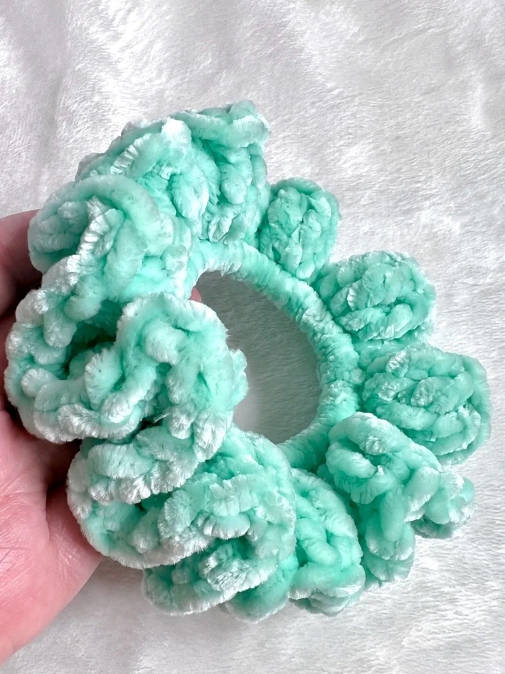 PinkRainCloud Handmade Mint Green Velvet Crochet Hair Scrunchie Soft Hair Tie